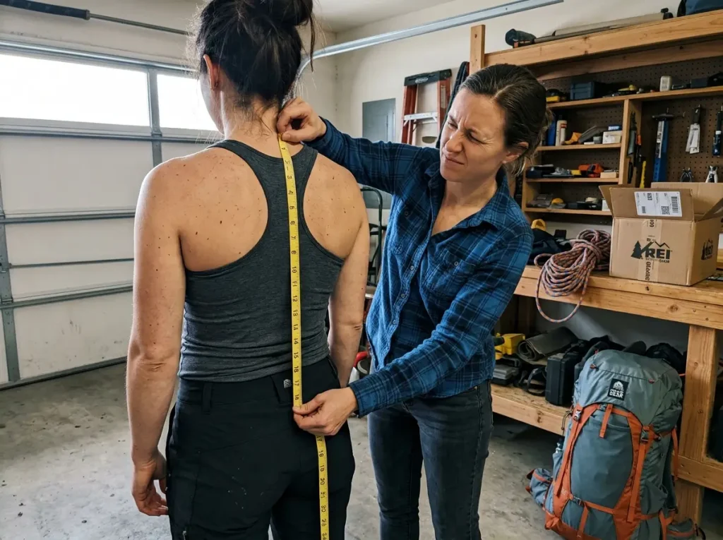 One person measuring another's torso length with a tape from neck to hip for pack fit