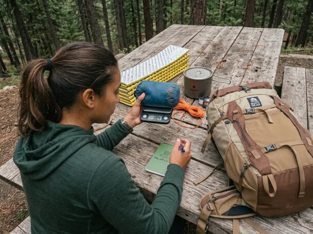 Backpacker weighing gear on a small scale during a shakedown to lower base weight