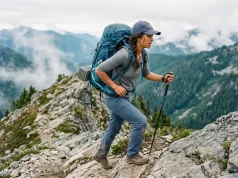 Best Women’s Backpacking Packs for Your Torso Woman hiking a granite ridge with a loaded Osprey Aura AG 65 women's backpacking pack