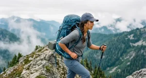 Best Women’s Backpacking Packs for Your Torso Woman hiking a granite ridge with a loaded Osprey Aura AG 65 women's backpacking pack