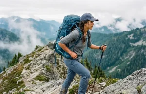 Best Women’s Backpacking Packs for Your Torso Woman hiking a granite ridge with a loaded Osprey Aura AG 65 women's backpacking pack