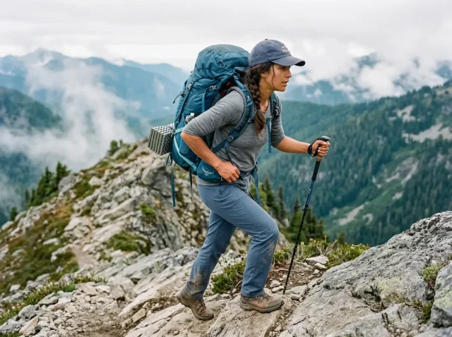womens-backpacking-pack-loaded-ridge Woman hiking a granite ridge with a loaded Osprey Aura AG 65 women's backpacking pack