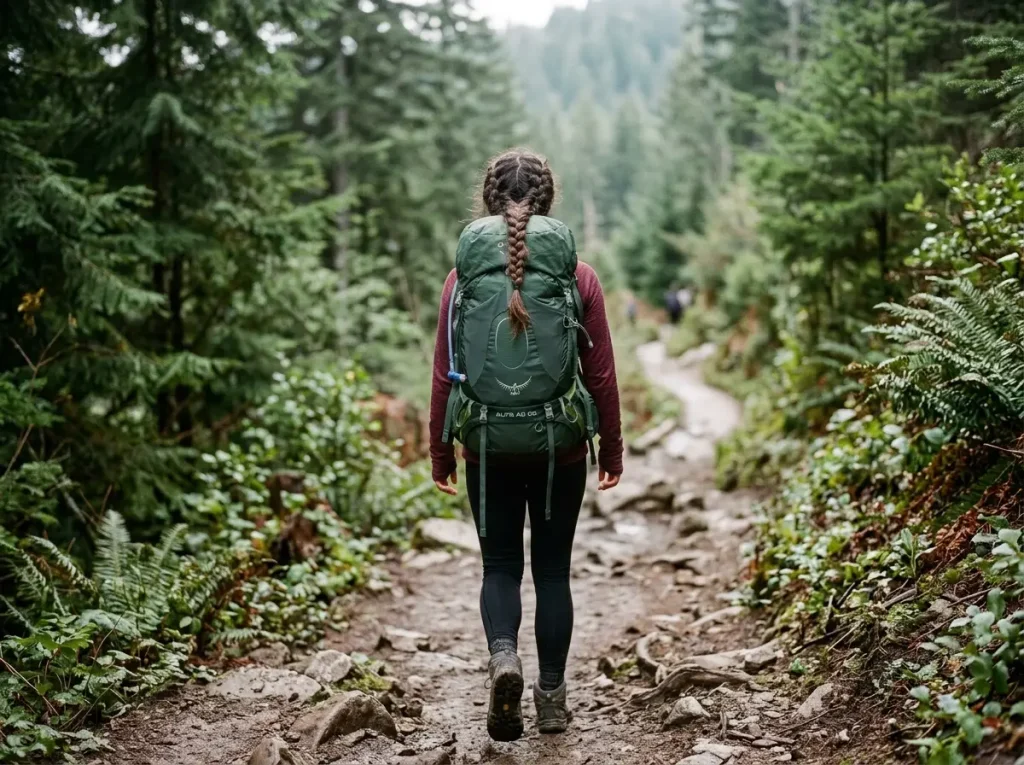Short-torso woman hiker wearing a women's-specific backpack seated correctly on her frame