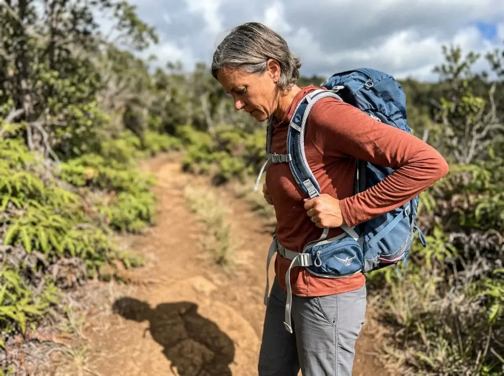 Woman adjusting a women's-specific daypack shoulder strap on the trail