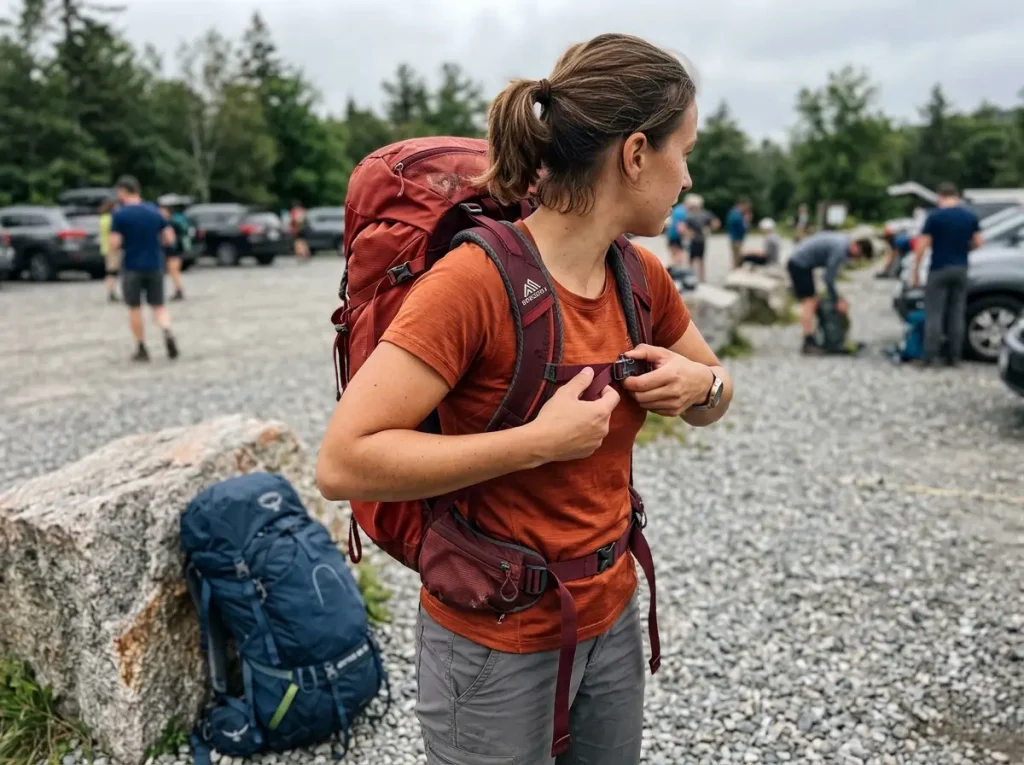 Close view of a women's-specific Gregory pack hipbelt and S-curved shoulder straps on a hiker