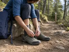 Best Hiking Shoes for Beginners With Untrained Feet Beginner hiker lacing low-cut hiking shoes on a rock at a trailhead