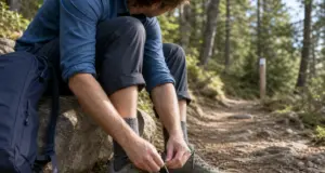 Best Hiking Shoes for Beginners With Untrained Feet Beginner hiker lacing low-cut hiking shoes on a rock at a trailhead