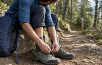 Best Hiking Shoes for Beginners With Untrained Feet Beginner hiker lacing low-cut hiking shoes on a rock at a trailhead