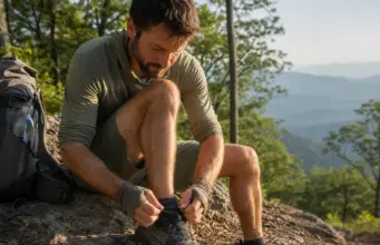 Best Trail Runners for Thru-Hiking That Go the Distance Thru-hiker lacing HOKA Speedgoat 6 trail runners on an Appalachian Trail ridge at sunrise