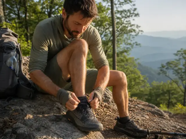 0-best-trail-runners-for-thru-hiking-hero Thru-hiker lacing HOKA Speedgoat 6 trail runners on an Appalachian Trail ridge at sunrise