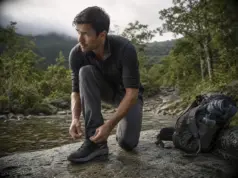 Best Waterproof Hiking Shoes Compared One Clear Winner Man lacing waterproof hiking shoes on a wet rock before crossing a shallow creek at first light