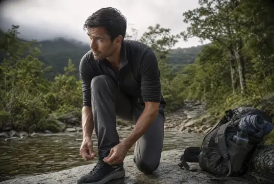 Best Waterproof Hiking Shoes Compared One Clear Winner Man lacing waterproof hiking shoes on a wet rock before crossing a shallow creek at first light