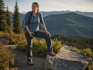 Woman on a switchback in women's hiking shoes, dust on the leather uppers, ridgelines behind her