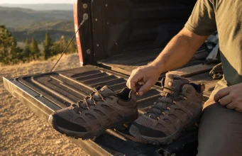 Hiking Shoes vs Hiking Boots Which Wins Where Hiking shoes vs hiking boots side by side on a truck tailgate at a trailhead
