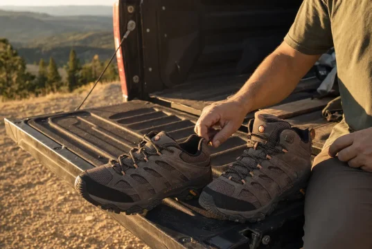Hiking Shoes vs Hiking Boots Which Wins Where Hiking shoes vs hiking boots side by side on a truck tailgate at a trailhead