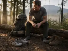 Trail Runners vs Hiking Boots What Pack Weight Decides Trail runners and hiking boots side by side at a campsite, the backpacking footwear decision