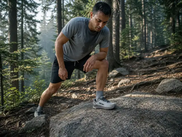 0-zero-drop-trail-shoes-explained-hero Zero-drop trail shoes on a runner mid-stride on rocky singletrack, level heel and forefoot visible