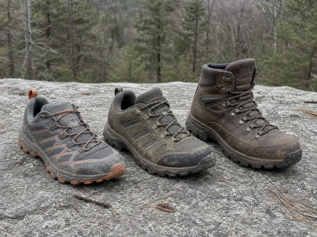 Trail runner, low-cut hiking shoe and mid-cut boot lined up side by side on rock