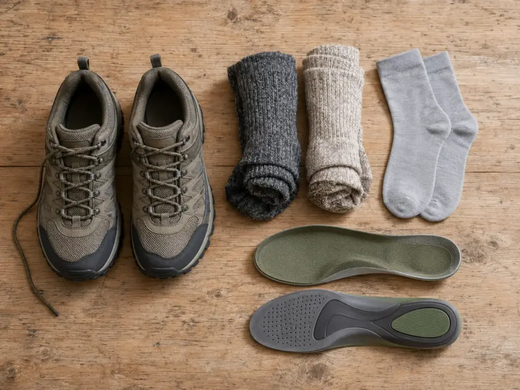 Flat lay of hiking shoes, wool socks, liner socks and insoles on a wooden surface