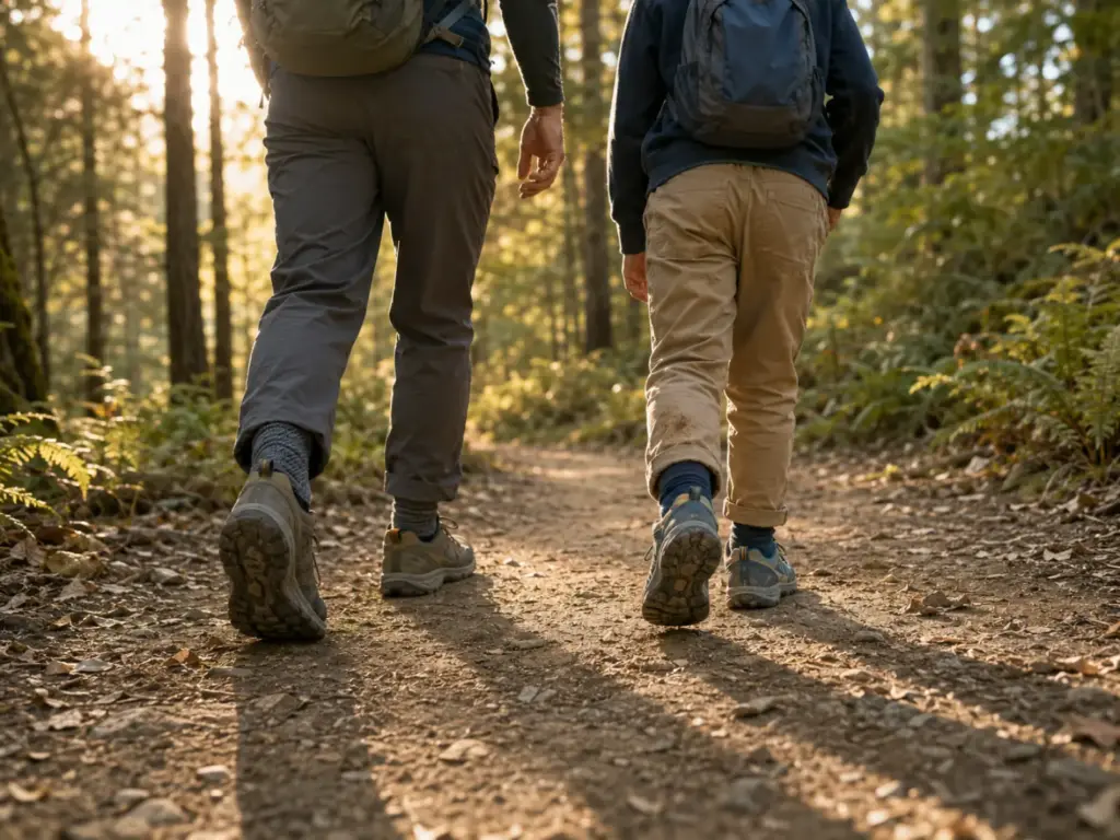 An adult and a child walking a forest trail together, both in low-cut hiking shoes
