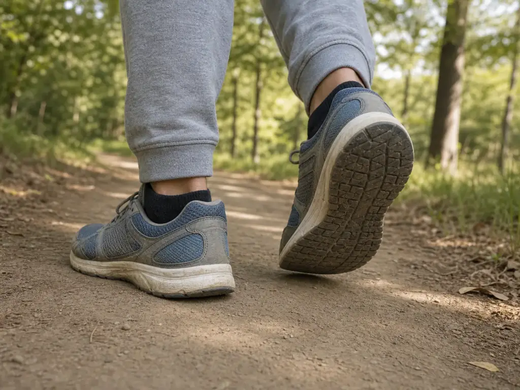 Worn road running shoes walking on a smooth, dry dirt path through open woodland