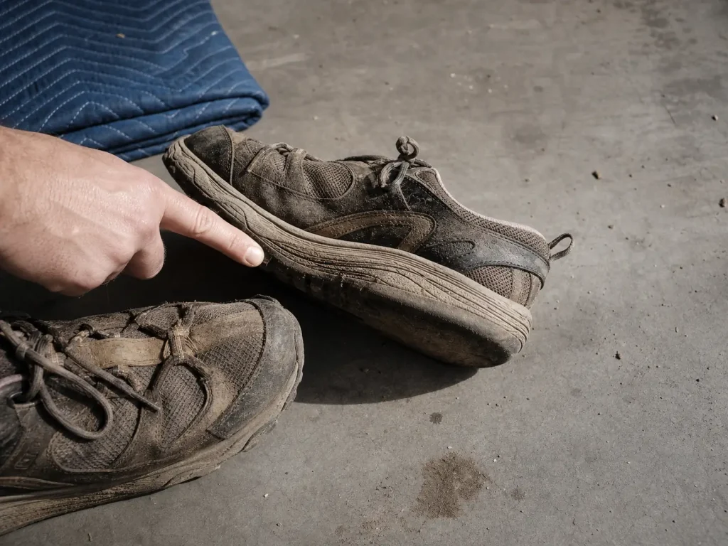 Finger pressing the compressed midsole of a worn-out hiking shoe with flattened heel lugs