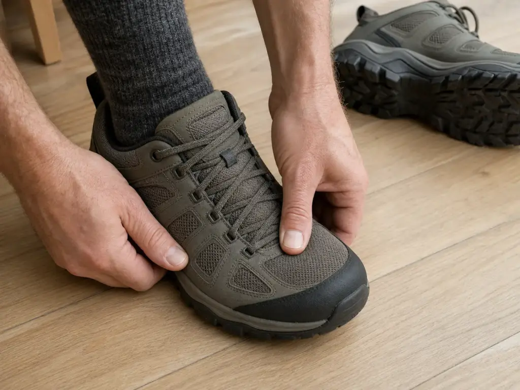 Hands pressing the toe box of a hiking shoe to check thumb-width toe room