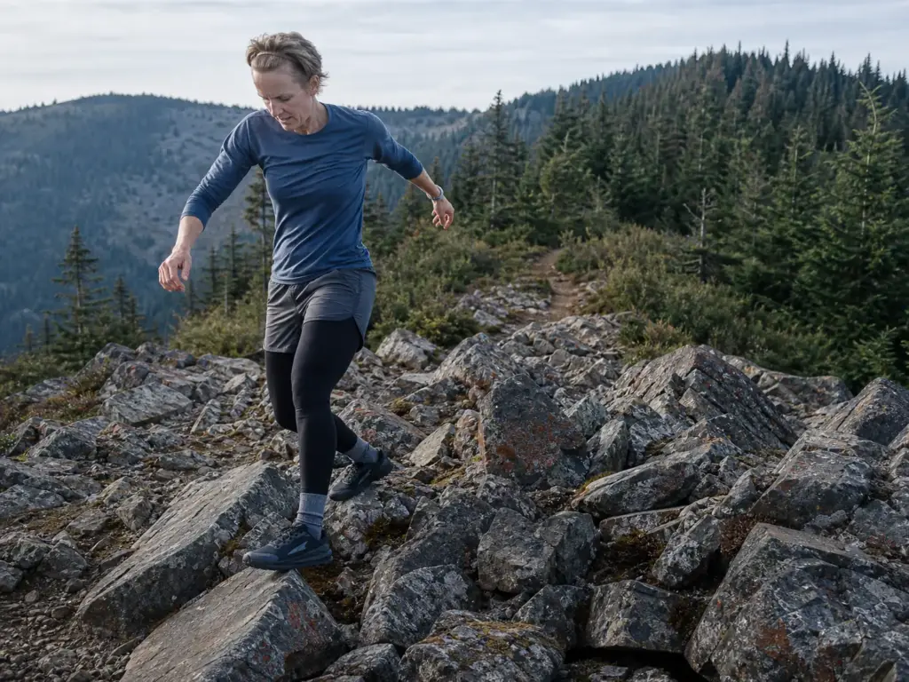 Trail runner picking a line across technical rock in zero-drop shoes, foot placement clearly deliberate