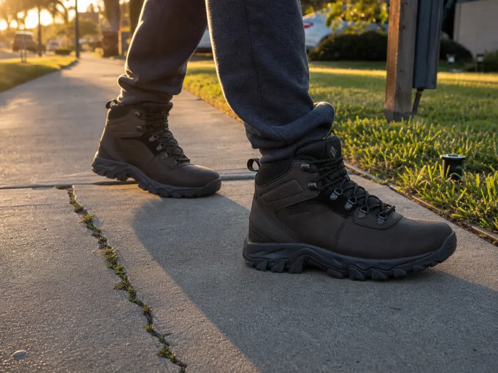 Breaking in new hiking boots by walking laps on a suburban sidewalk at sunset