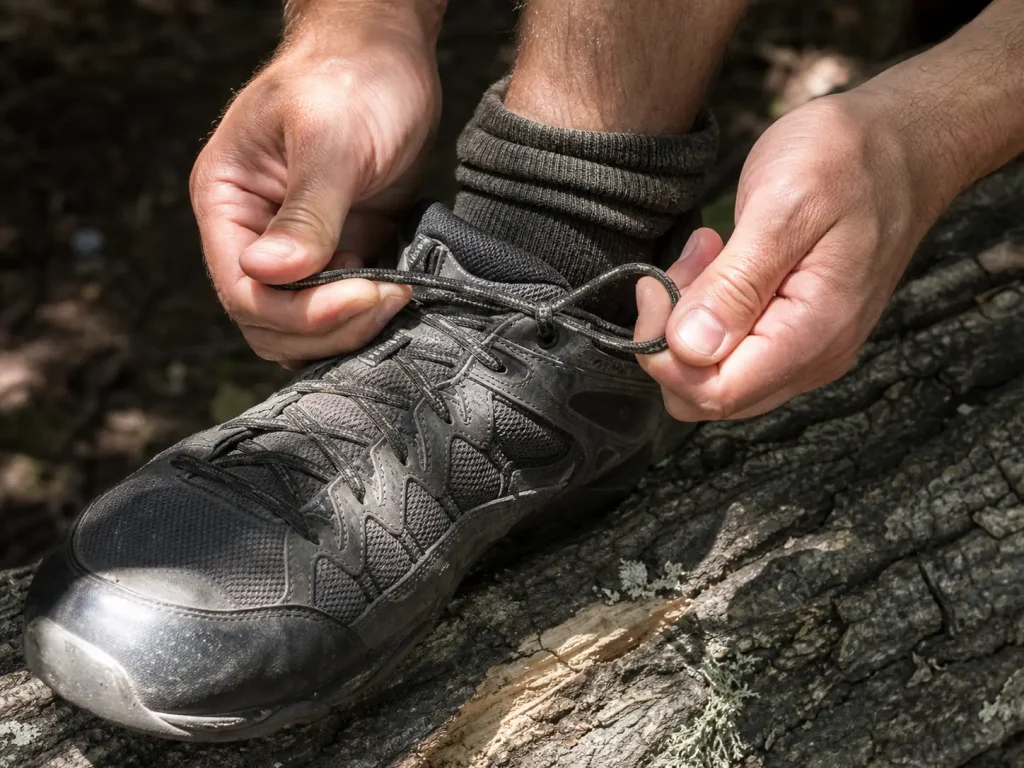 Hands tying a heel lock lacing knot on a hiking shoe to stop heel lift