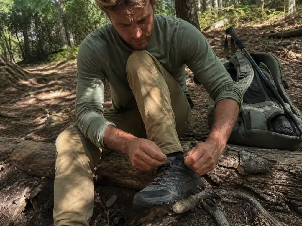 Hiker tying a heel lock lacing pattern on waterproof hiking shoes to stop heel slip on climbs