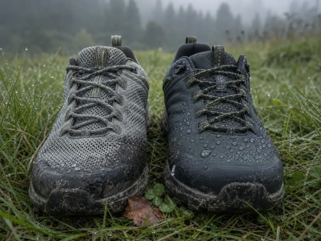 A mesh hiking shoe and a waterproof hiking shoe side by side in dew-covered grass