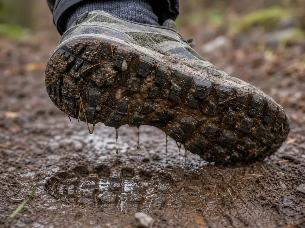 Close-up of a hiking shoe outsole with deep lugs pressed into wet trail mud