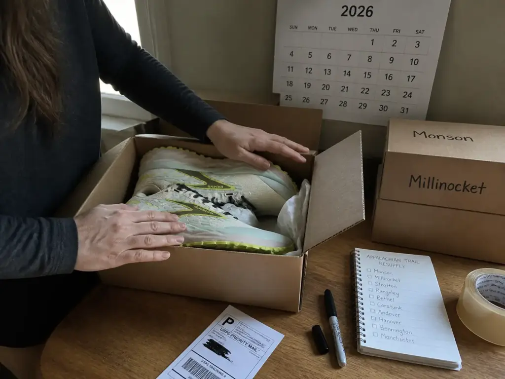 Packing a fresh pair of trail runners into a resupply box for a long trail