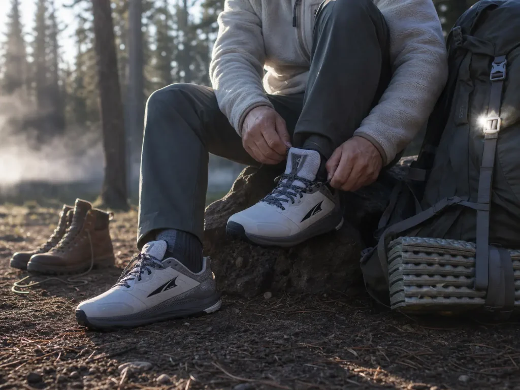 Hiker lacing hiking shoes beside a loaded multi-day pack with a boot left behind at camp