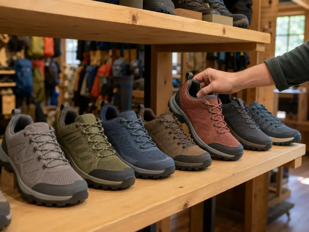 A row of hiking shoes on a wooden shop shelf with a shopper reaching for one