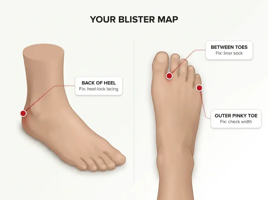 Diagram of a foot in side and top view showing three common blister sites labeled with their specific fix
