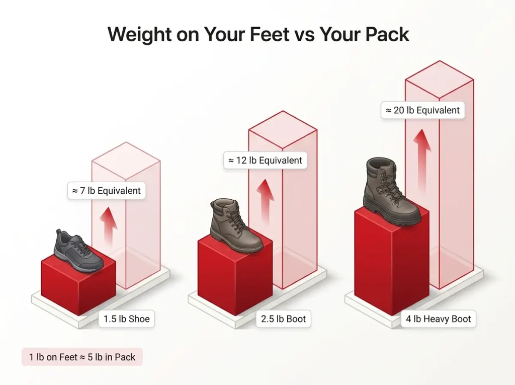 Infographic showing hiking footwear weight converted to pack-pound equivalent for shoes and boots with multiplier bars