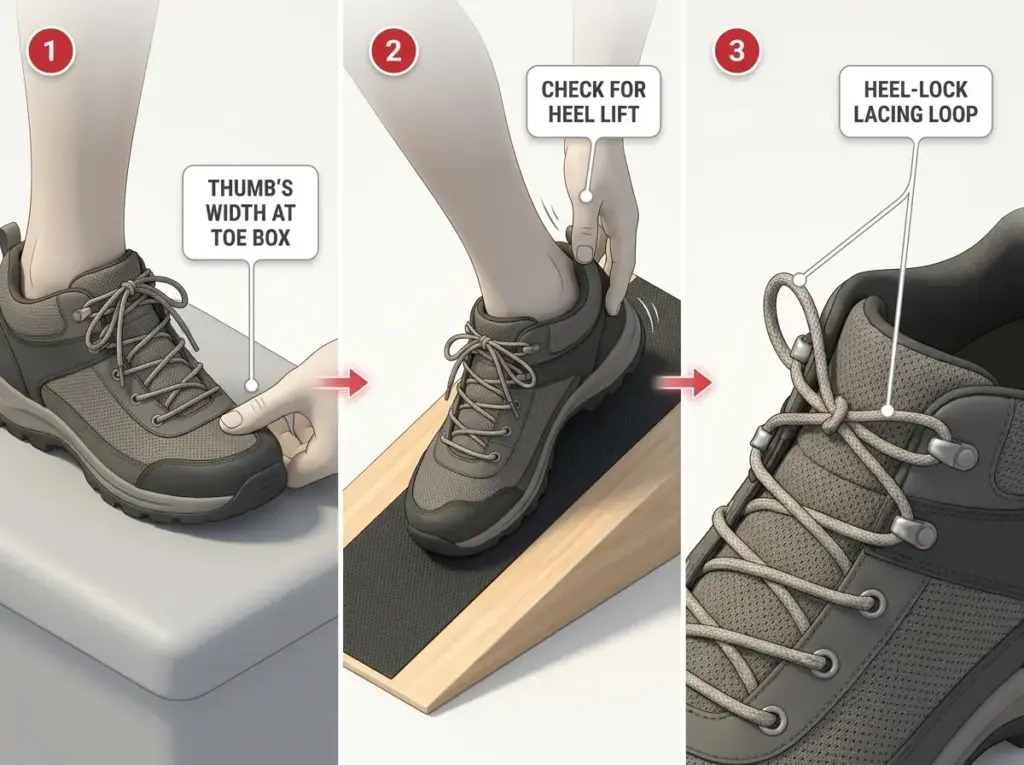 Step-by-step infographic showing the toe room check, ramp lift test, and heel-lock lacing for fitting hiking shoes