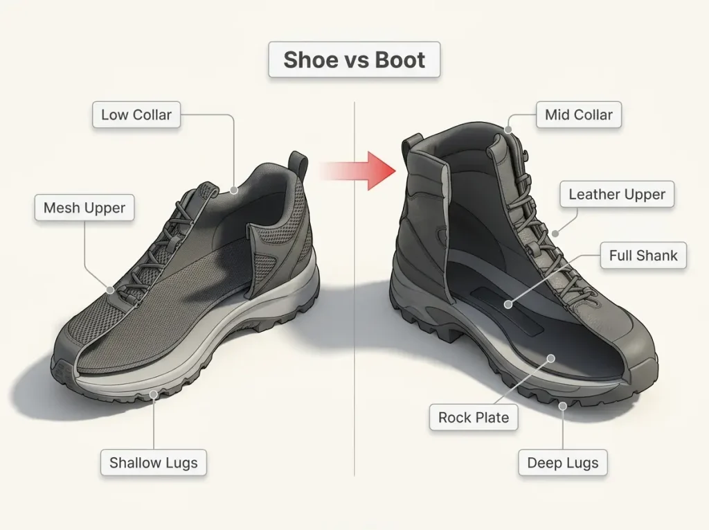 Infographic showing hiking shoe vs boot cutaway with labeled collar height, upper material, shank, rock plate, and lug depth