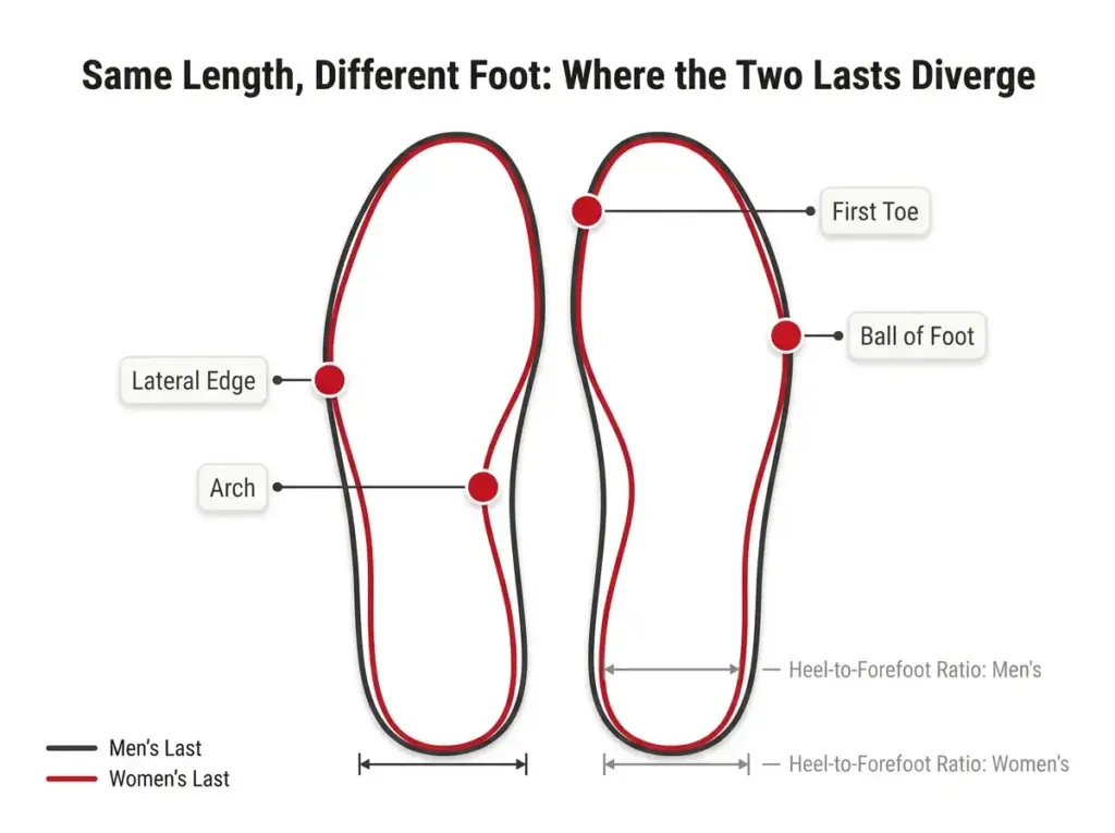 Diagram overlaying same-length men's and women's footprints labeled at arch, lateral edge, toe, and forefoot points