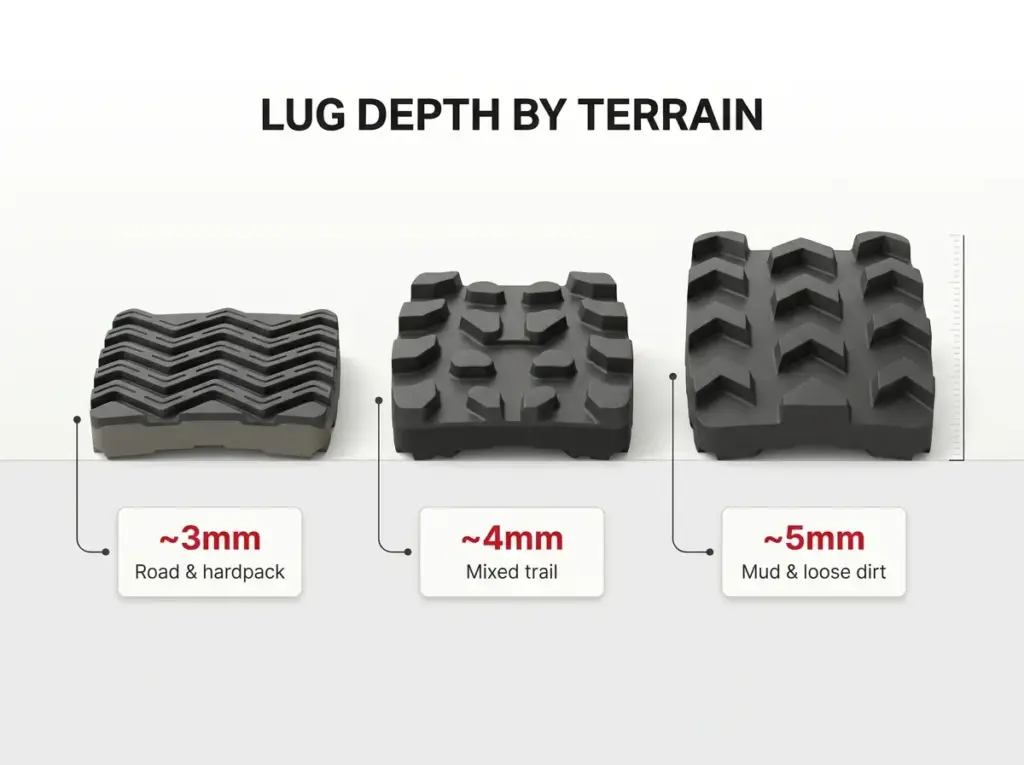Side-profile comparison of three hiking shoe outsole lug depths, road, hiking, and trail runner, drawn to scale