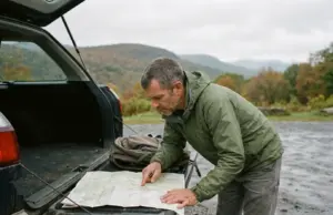 Best Hikes in New York Sorted by Range and Effort Hiker checking a paper map at a Catskills trailhead in New York before choosing a route