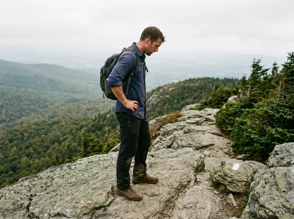Hiker on the rocky Long Trail ridge below Mount Mansfield, one of the best hikes in Vermont