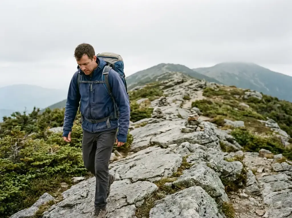 Hiker on the exposed Franconia Ridge trail in the White Mountains, New Hampshire, under flat overcast