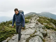 Best Hikes in New Hampshire by How Much Time You Have Hiker on the exposed Franconia Ridge trail in the White Mountains, New Hampshire, under flat overcast