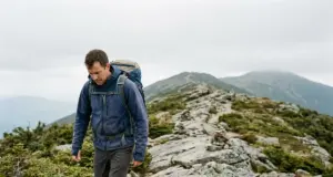 Best Hikes in New Hampshire by How Much Time You Have Hiker on the exposed Franconia Ridge trail in the White Mountains, New Hampshire, under flat overcast