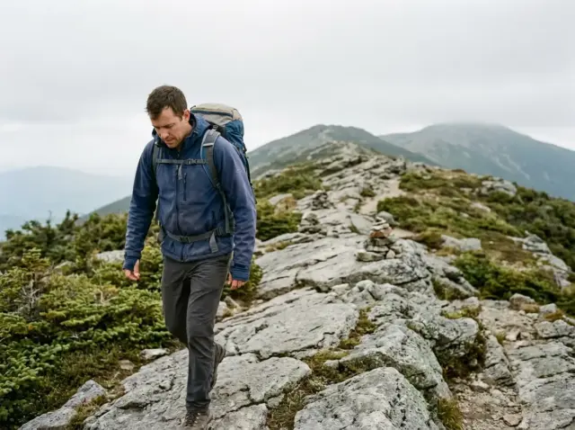 0-best-hikes-new-hampshire-white-mountains-franconia-ridge Hiker on the exposed Franconia Ridge trail in the White Mountains, New Hampshire, under flat overcast