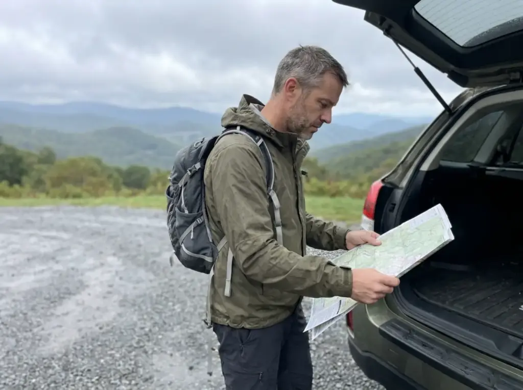Hiker checking a paper map at a Blue Ridge Parkway trailhead in North Carolina on an overcast fall morning