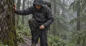 Best Rain Pants for Hiking That Actually Breathe Hiker pulling on rain pants for hiking beside a wet conifer trail under grey rain